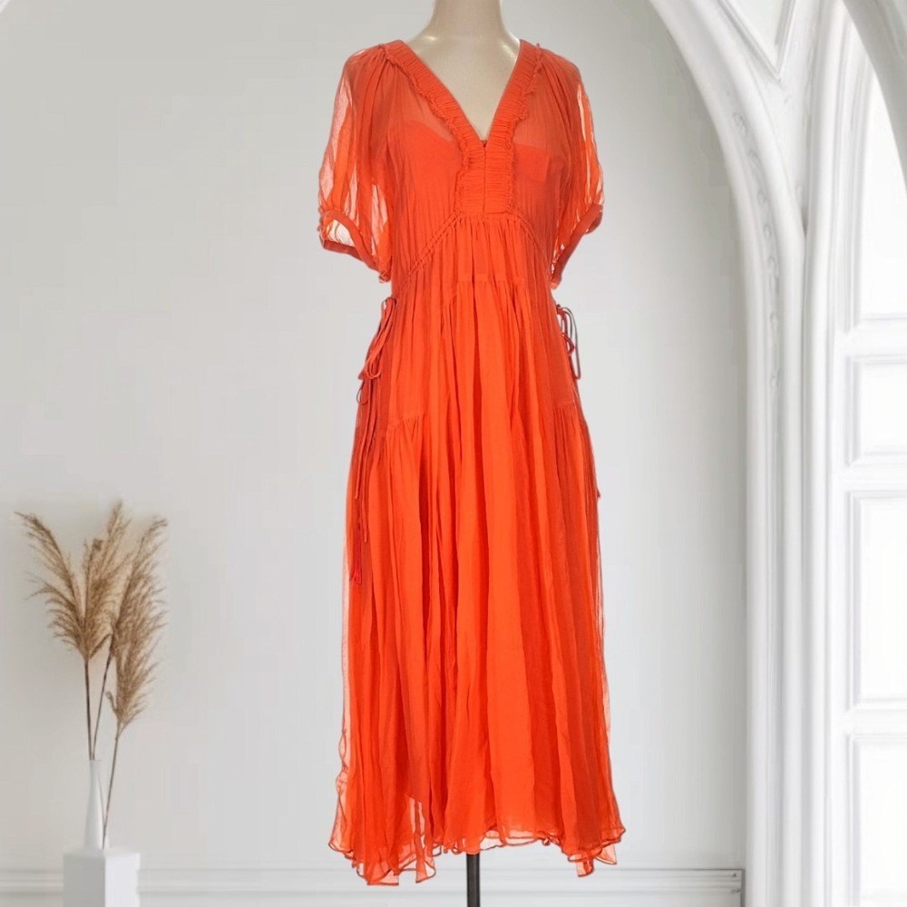 La Ligne Shirred V-Neck Dress Womens XS Orange‎ 100% Silk Flowy Sophisticate